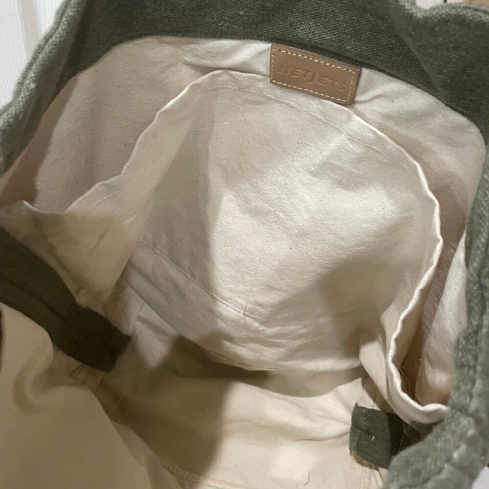 MILITARY GREEN CANVAS LEATHER TOTE BAG NETJETS BRAND - Picture 5 of 16
